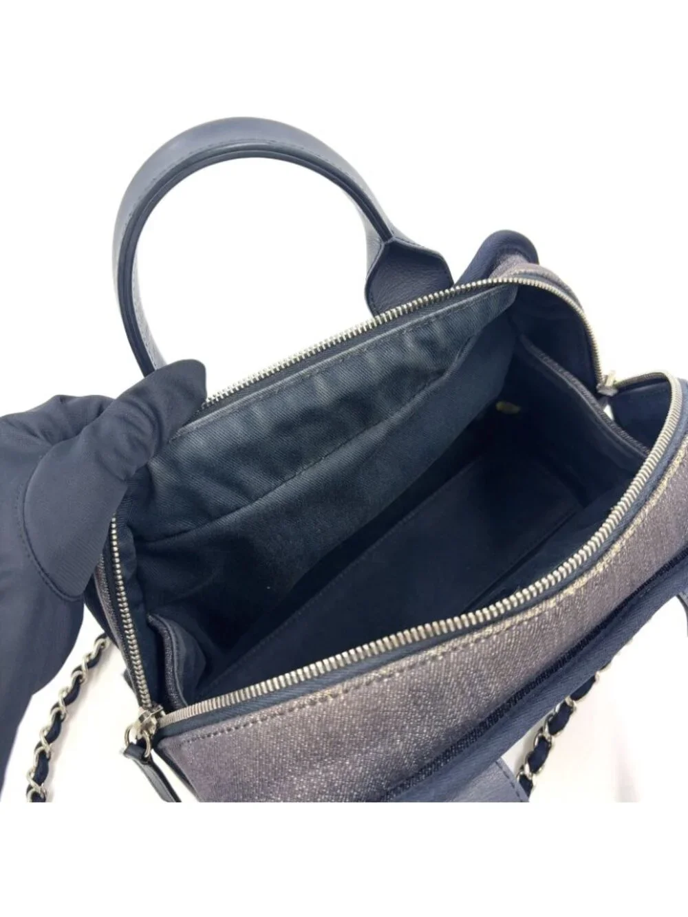 Chanel Deauville Line Bowling 2-Way Leather Denim Navy Blue Handbag Silver